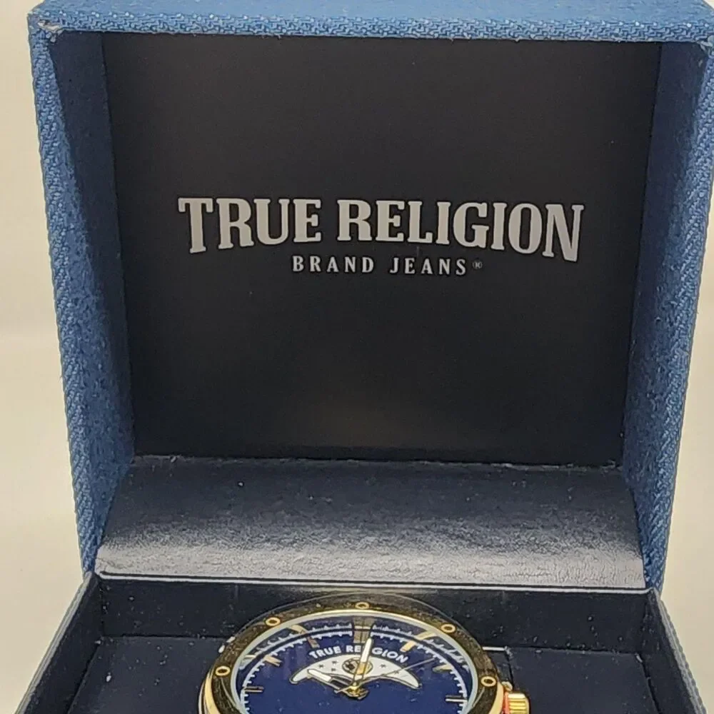 True Religion Watch Blue Dial Gold Bezel Two Tone Mens Analog Bracelet Boxed